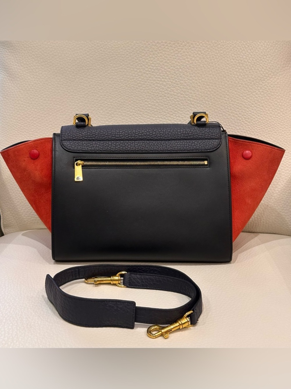 Celine Tricolor Trapeze Satchel in Black, Navy & Red /Size Small - Picture 4 of 15